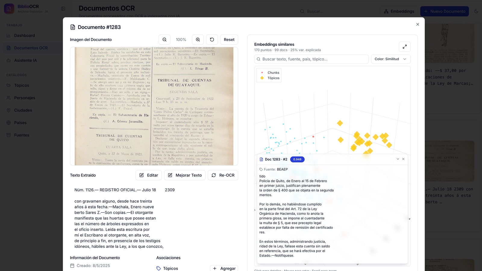 Nube 3D de conceptos clave en el dashboard, extraídos por TF-IDF con stopwords y filtros de filler legal
