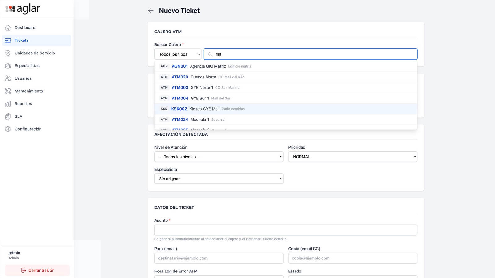 Formulario de nuevo ticket: buscador instantáneo de cajeros (AGN/ATM/KSK), cascada Nivel → Especialista, prioridad, asunto autogenerado a partir del cajero y el incidente