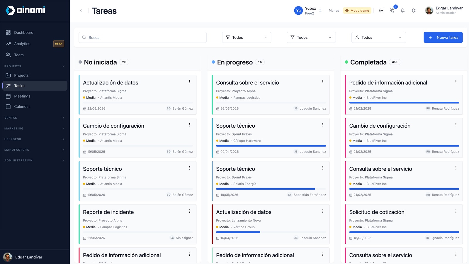 Tablero Kanban de tareas con filtros por proyecto, prioridad y responsable
