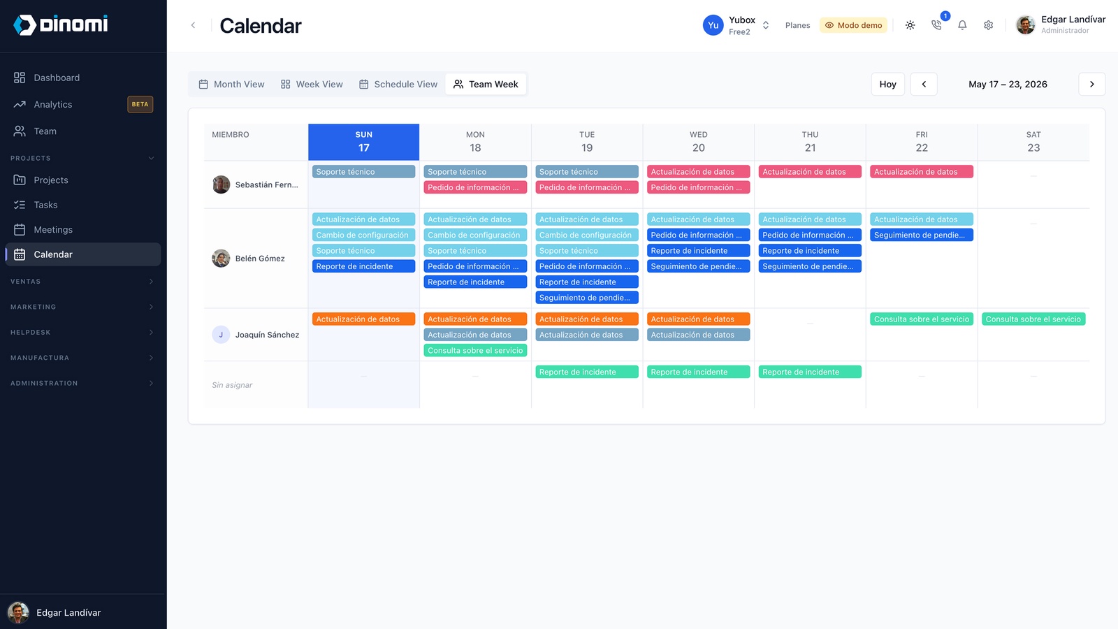 Calendario tipo Team Week con asignación de tareas por miembro del equipo