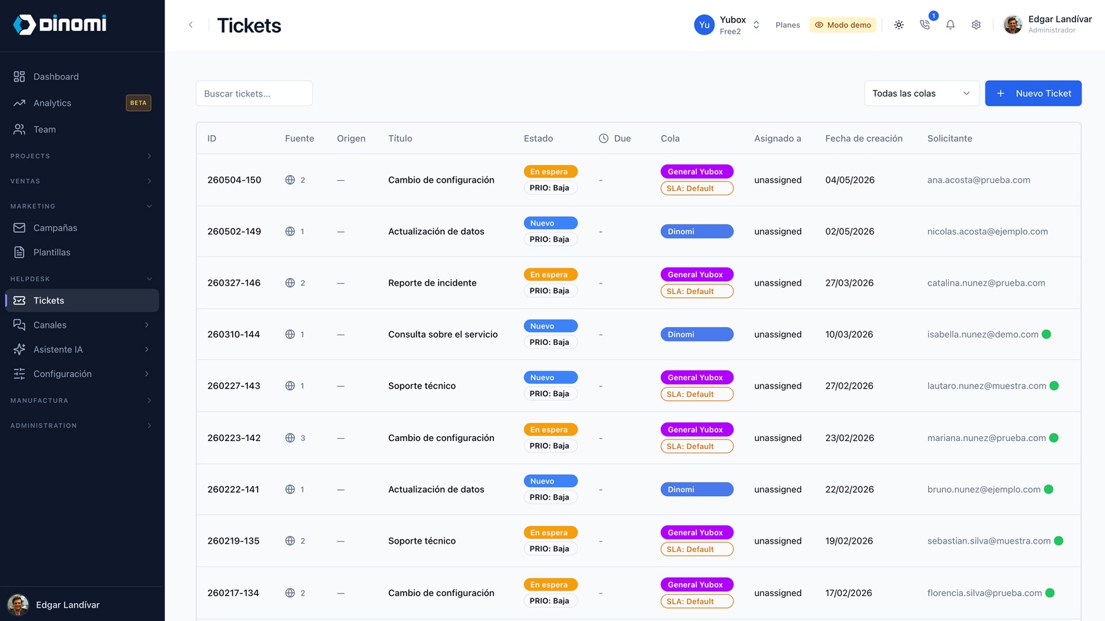 Helpdesk · listado de tickets con colas, SLA, prioridad y origen del canal