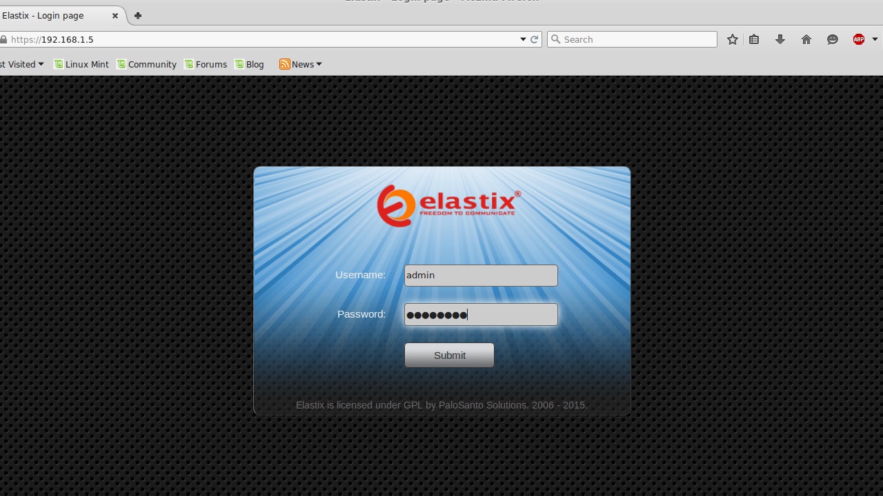Pantalla de login web — toda la administración de Elastix vivía en el navegador, sin clientes pesados