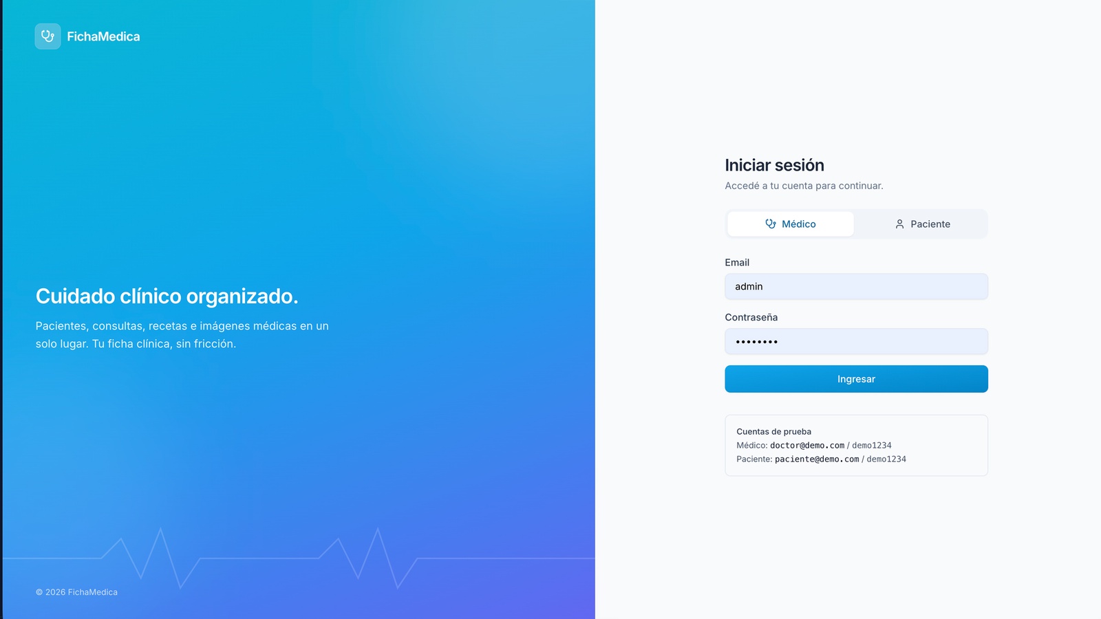 Pantalla de login con tabs Médico / Paciente, branding lateral con línea de pulso decorativa y caja de credenciales de prueba para acceso demo