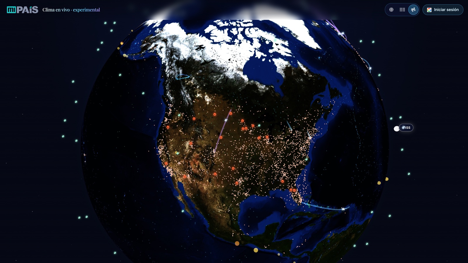 Capa experimental ‘Clima en vivo’ — visualización meteorológica en tiempo real sobre el globo, con trayectorias de aeronaves y toggle opcional para mostrar la posición orbital de la ISS