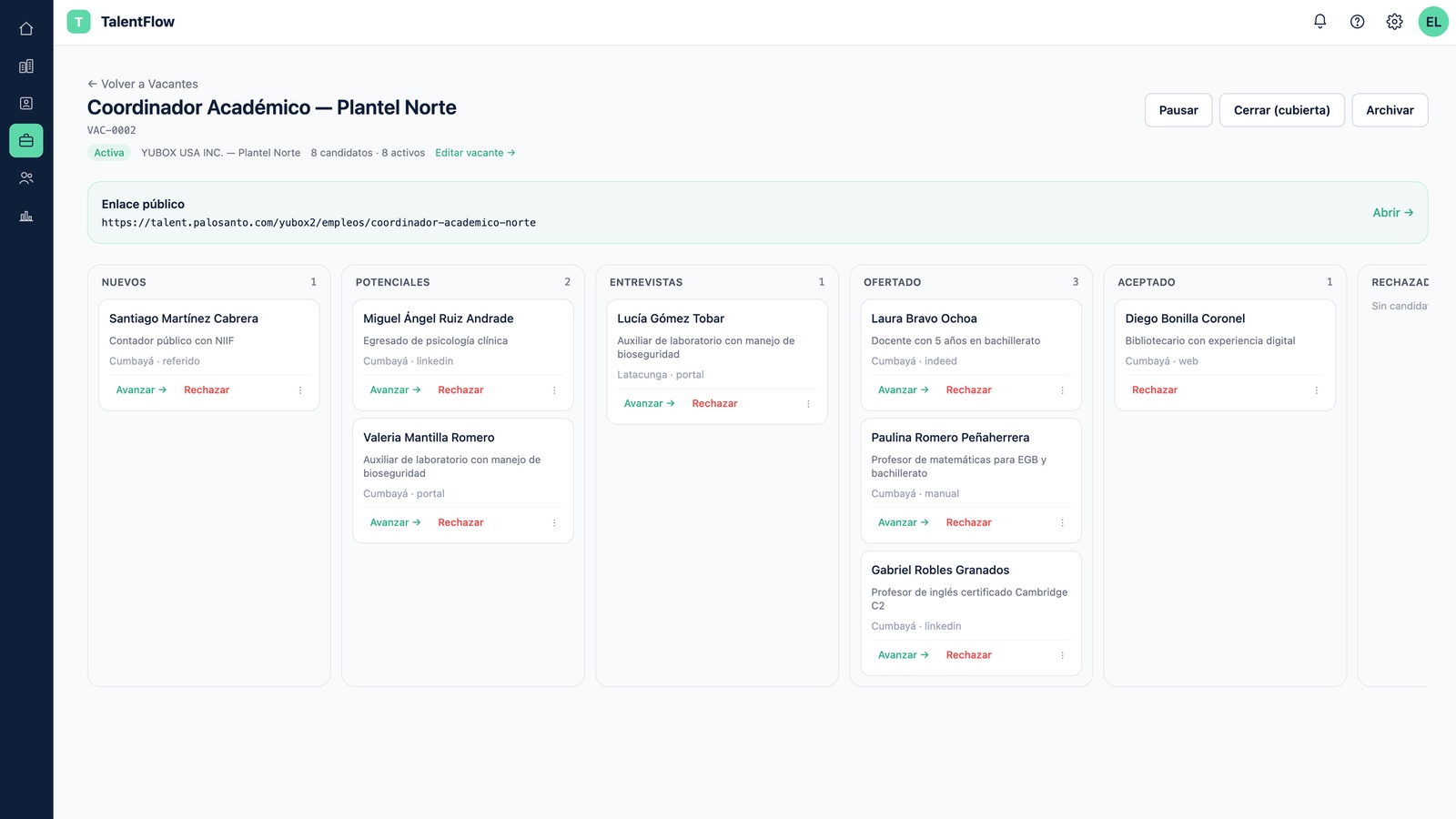 Pipeline kanban de una vacante con su enlace público por tenant (talent.palosanto.com/<slug>/empleos/<vacante>) y candidatos repartidos en Nuevos, Potenciales, Entrevistas, Ofertado, Aceptado y Rechazado